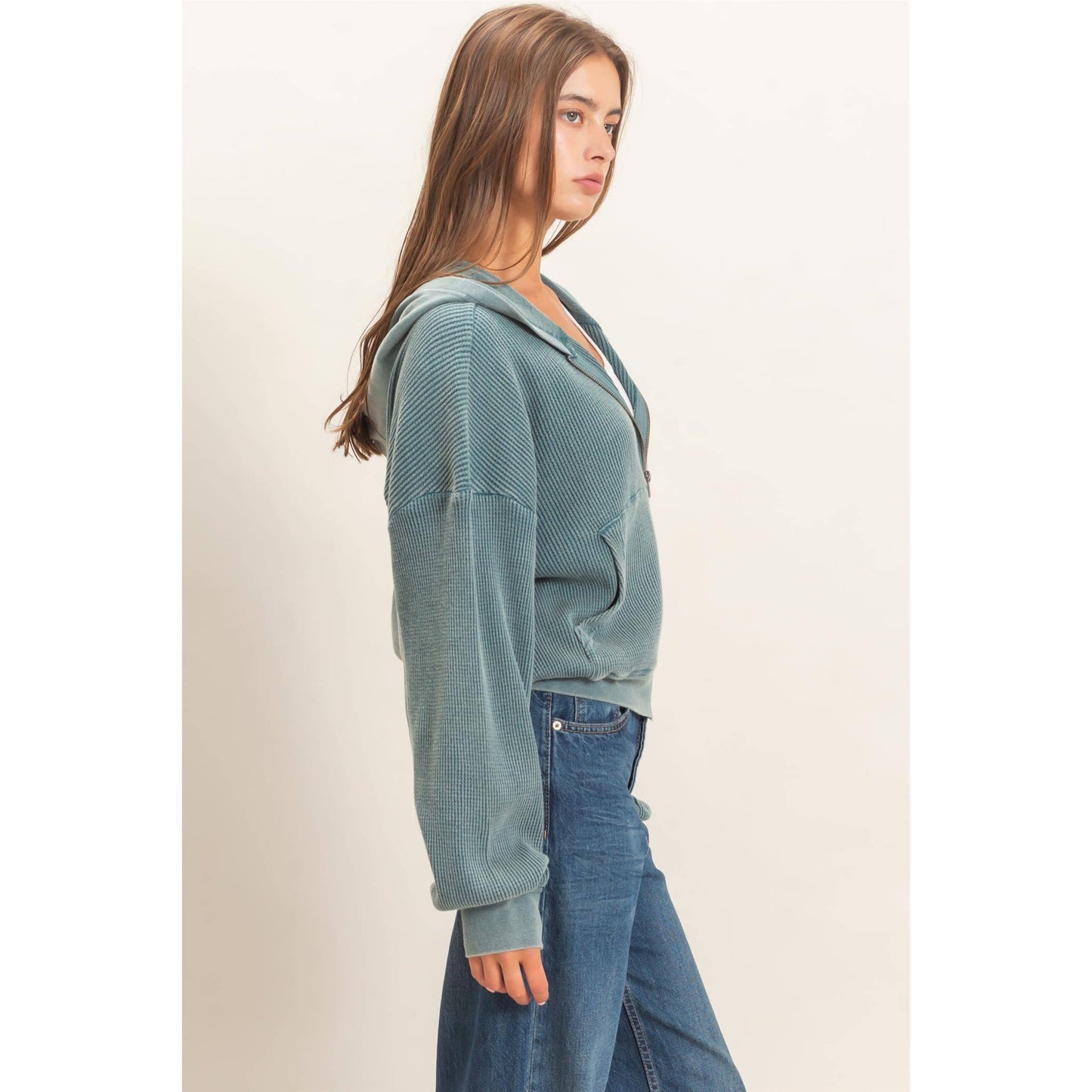 Acid Wash Waffle Knit Hoodie in Teal