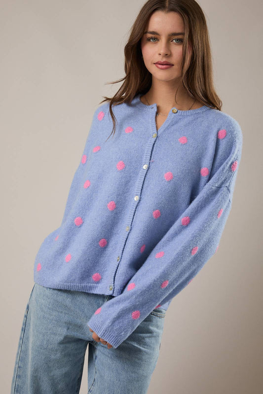 Polka Dot Sweater Cardigan in Blue/Pink