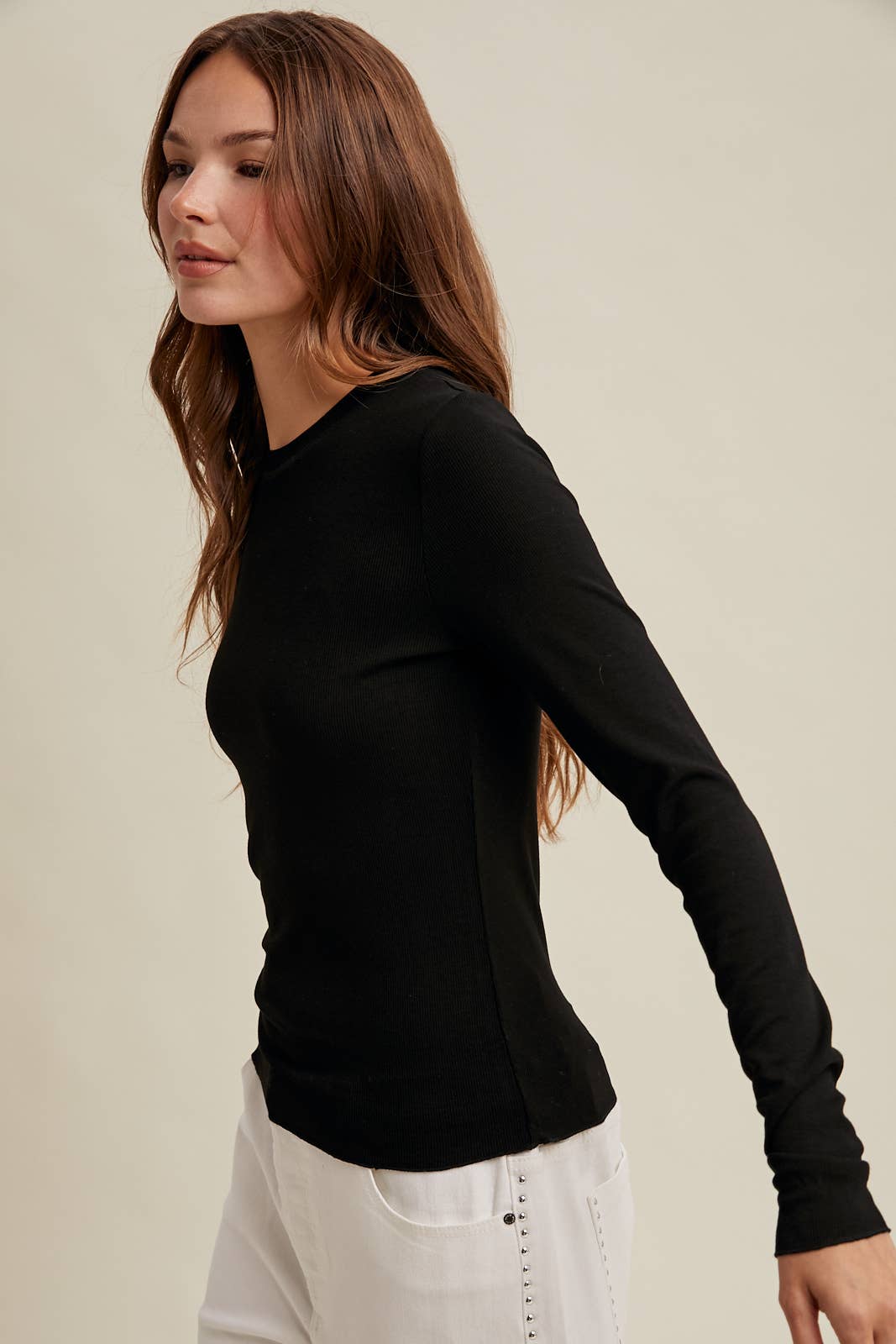 Basic Ribbed Long Sleeve Top in Black