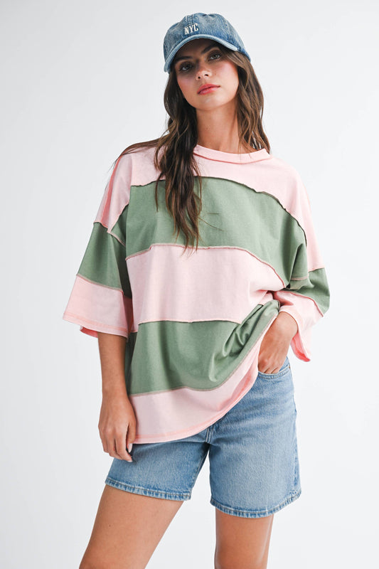 Polly ColorBlock Tee in Peony Green