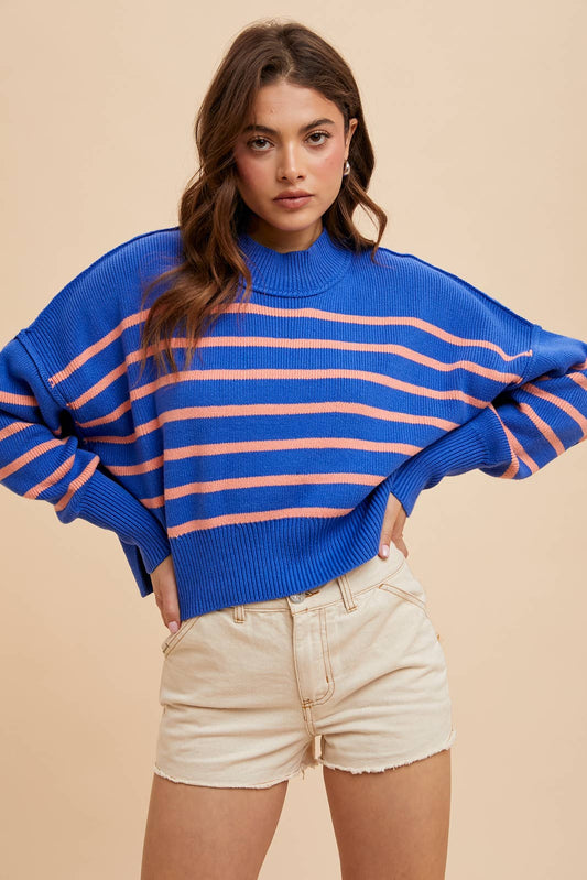 Striped Mock Neck Cropped Sweater in Cobalt