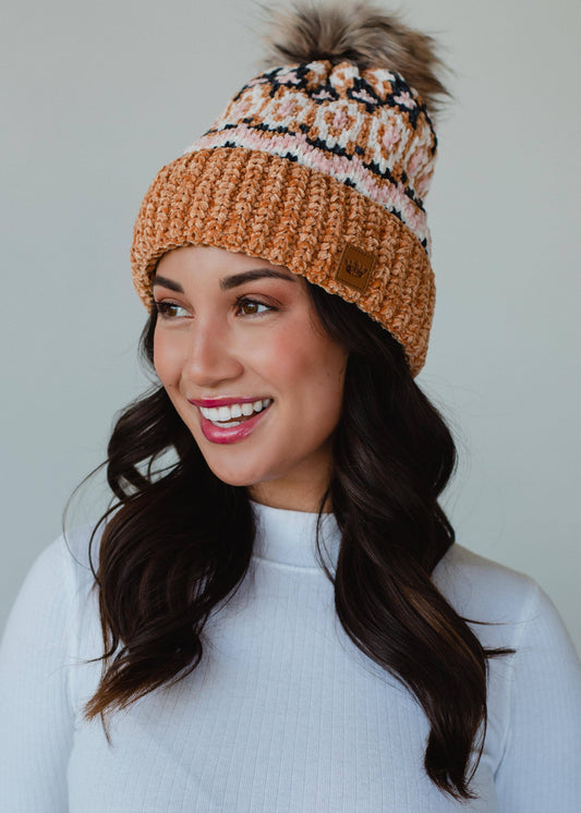 Camel & Multicolored Patterned Pom Hat