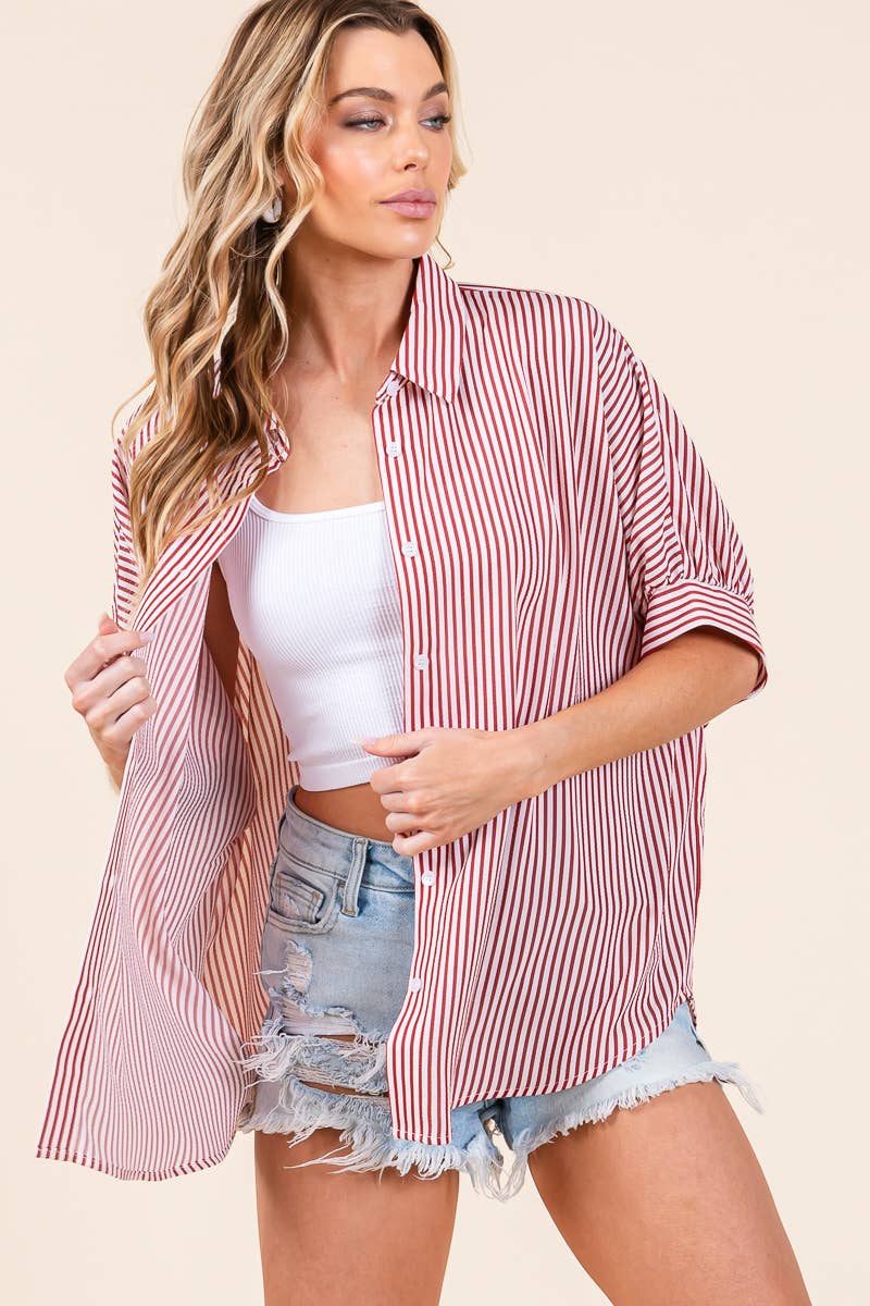 Oversized Short Sleeve Button Down Top in Red