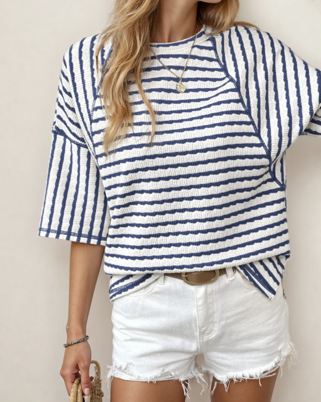 Striped Textured Top in Navy