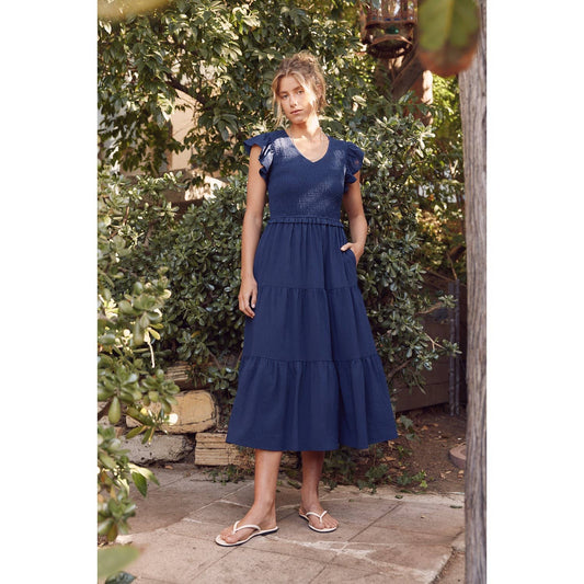 Tiered Smocked Midi Dress in Navy