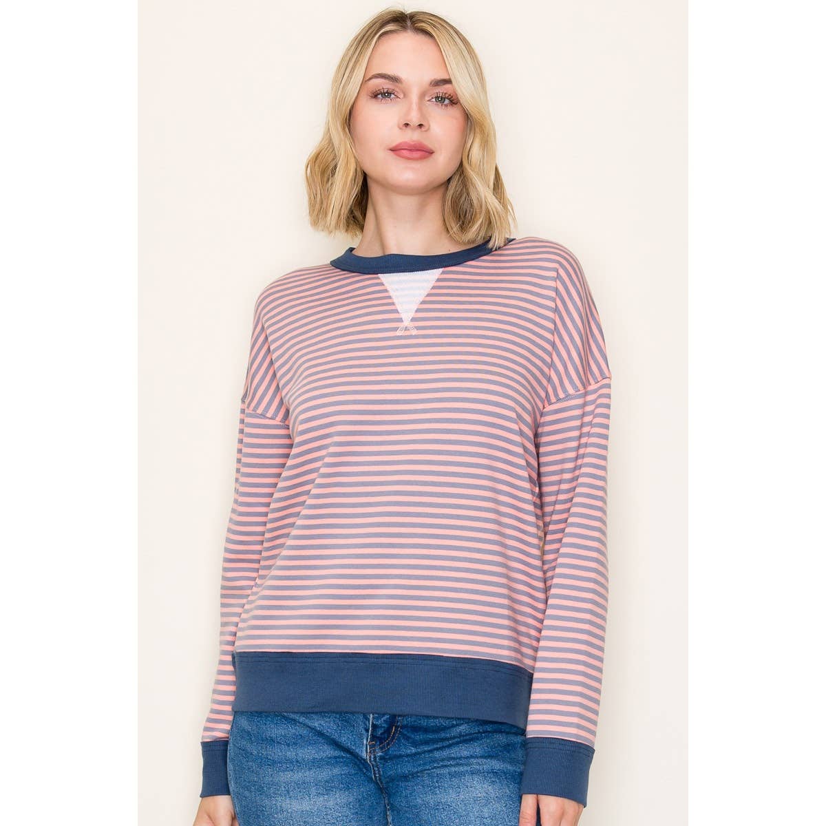 French Terry Striped Sweatshirt in Pink/Charcoal