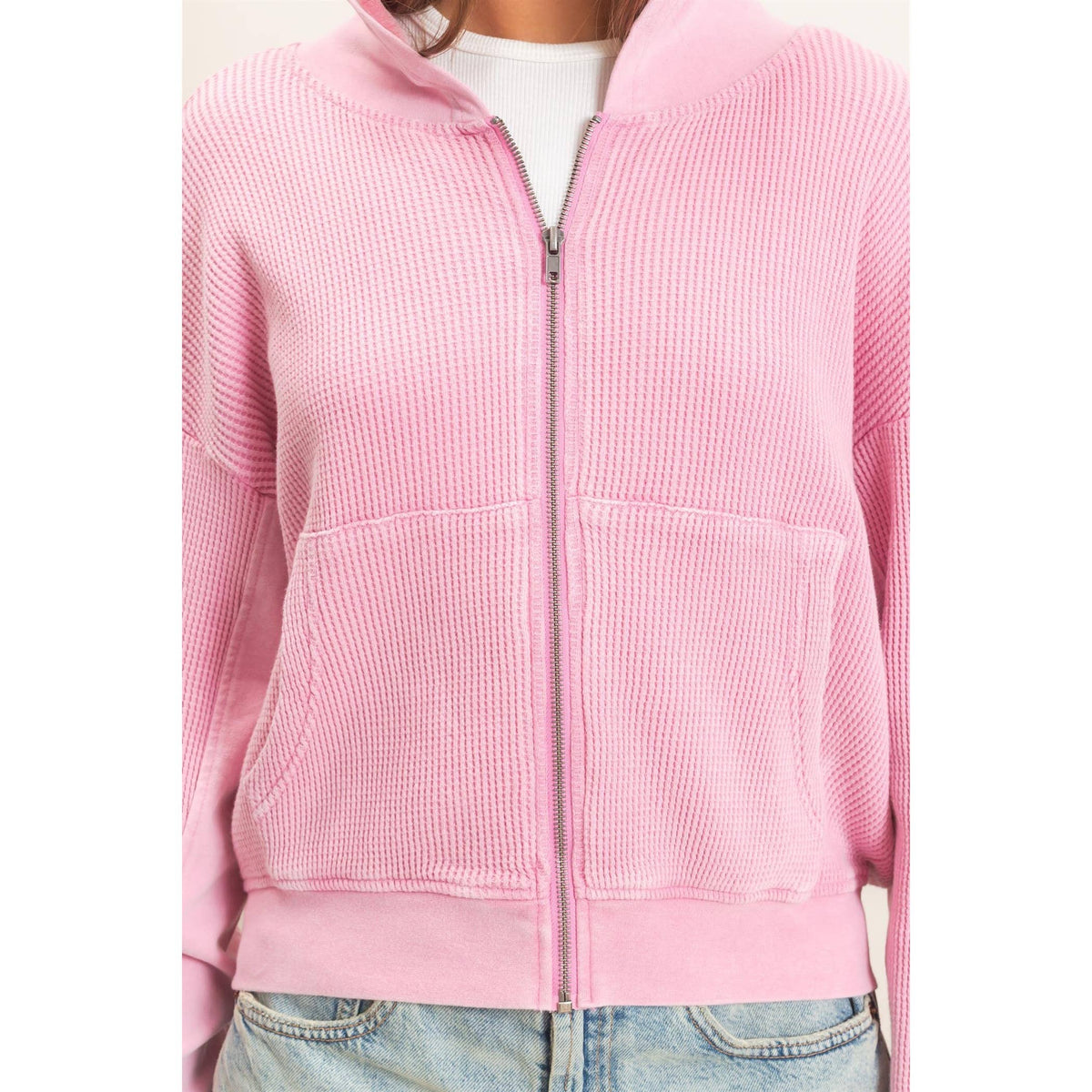 Acid Wash Waffle Knit Hoodie in Pink