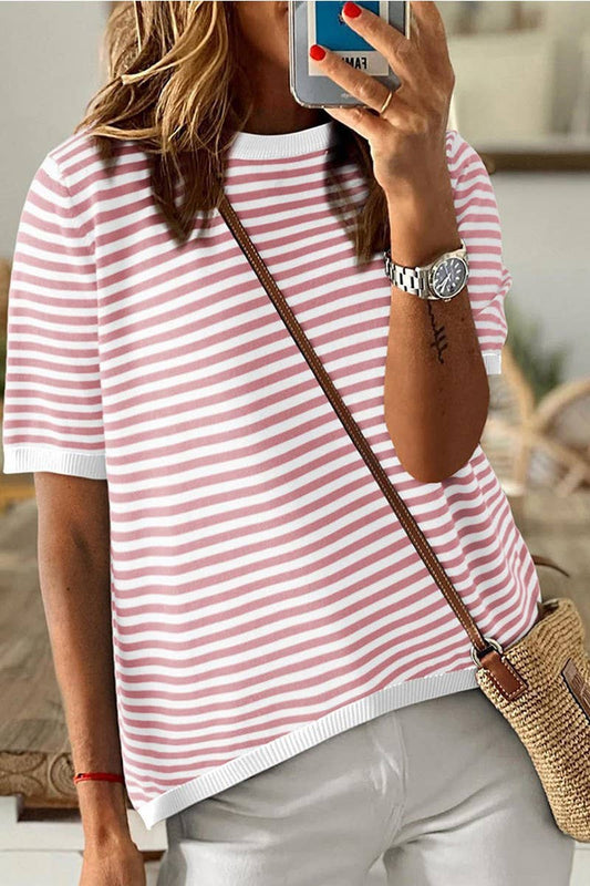 Striped Short Sleeve Crew Neck Top in Pink