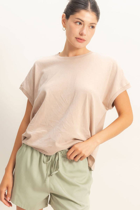Cap Sleeve Mineral Wash Tee in Taupe