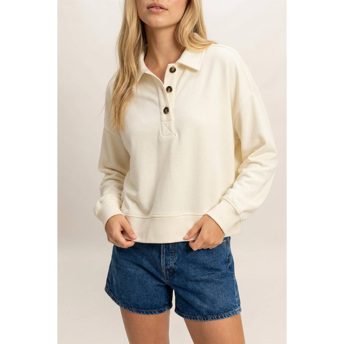 Button-Front Sweatshirt in Cream