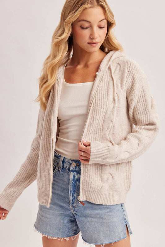 Zip Up Cable Knot Cardigan in Oatmeal