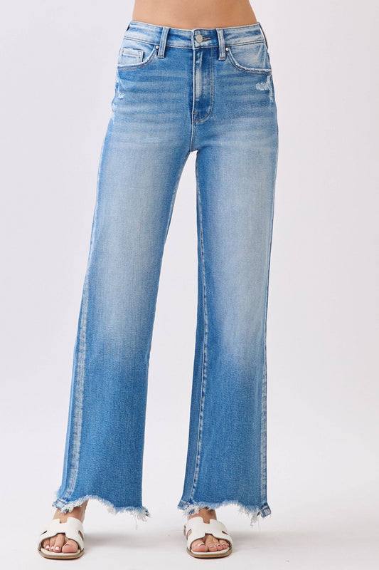 High Rise Wide Leg Denim w/ Destroyed Hem
