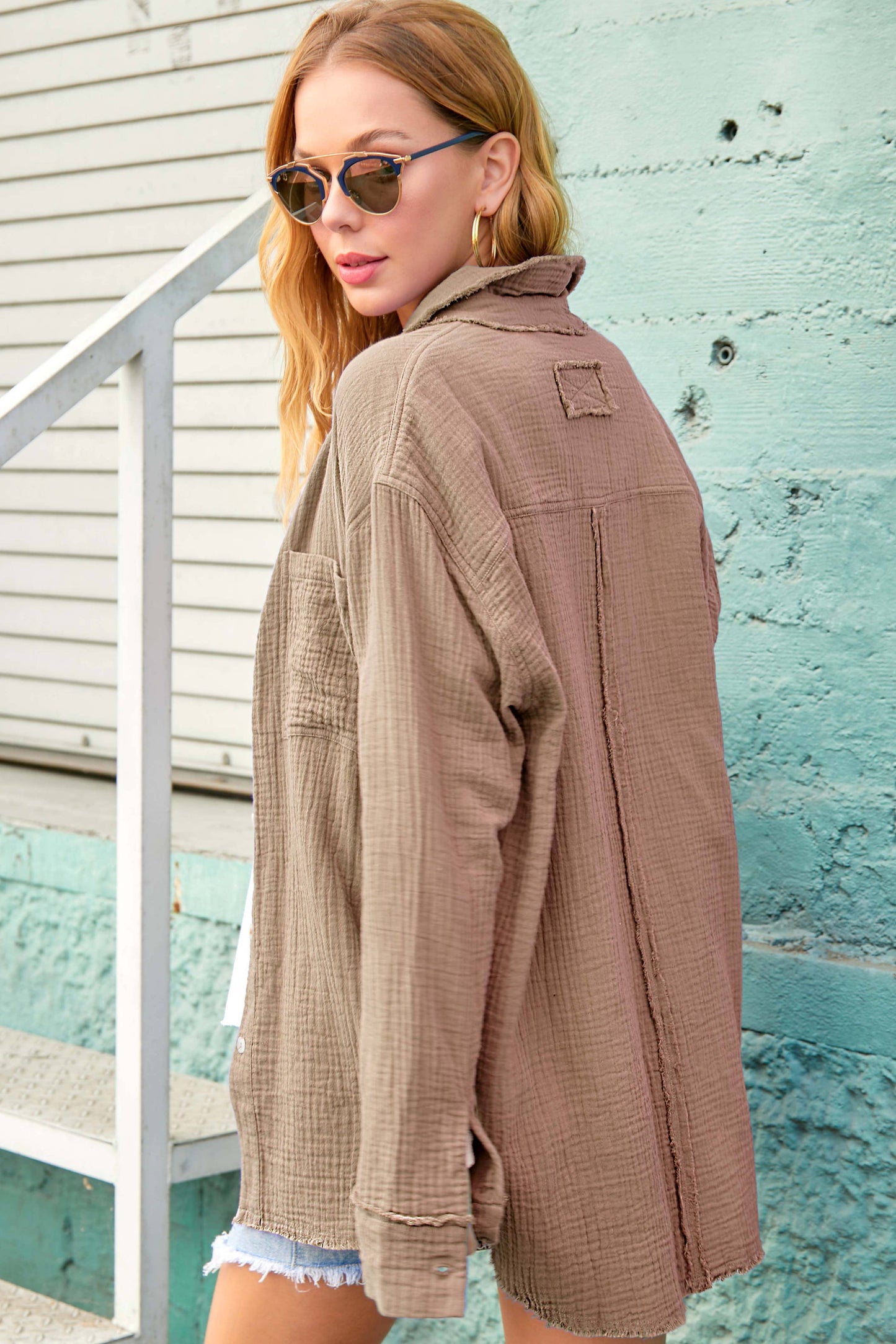 Crinkled Gauze Button Down Shirt in Khaki
