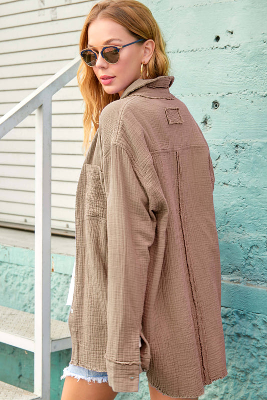 Crinkled Gauze Button Down Shirt in Khaki