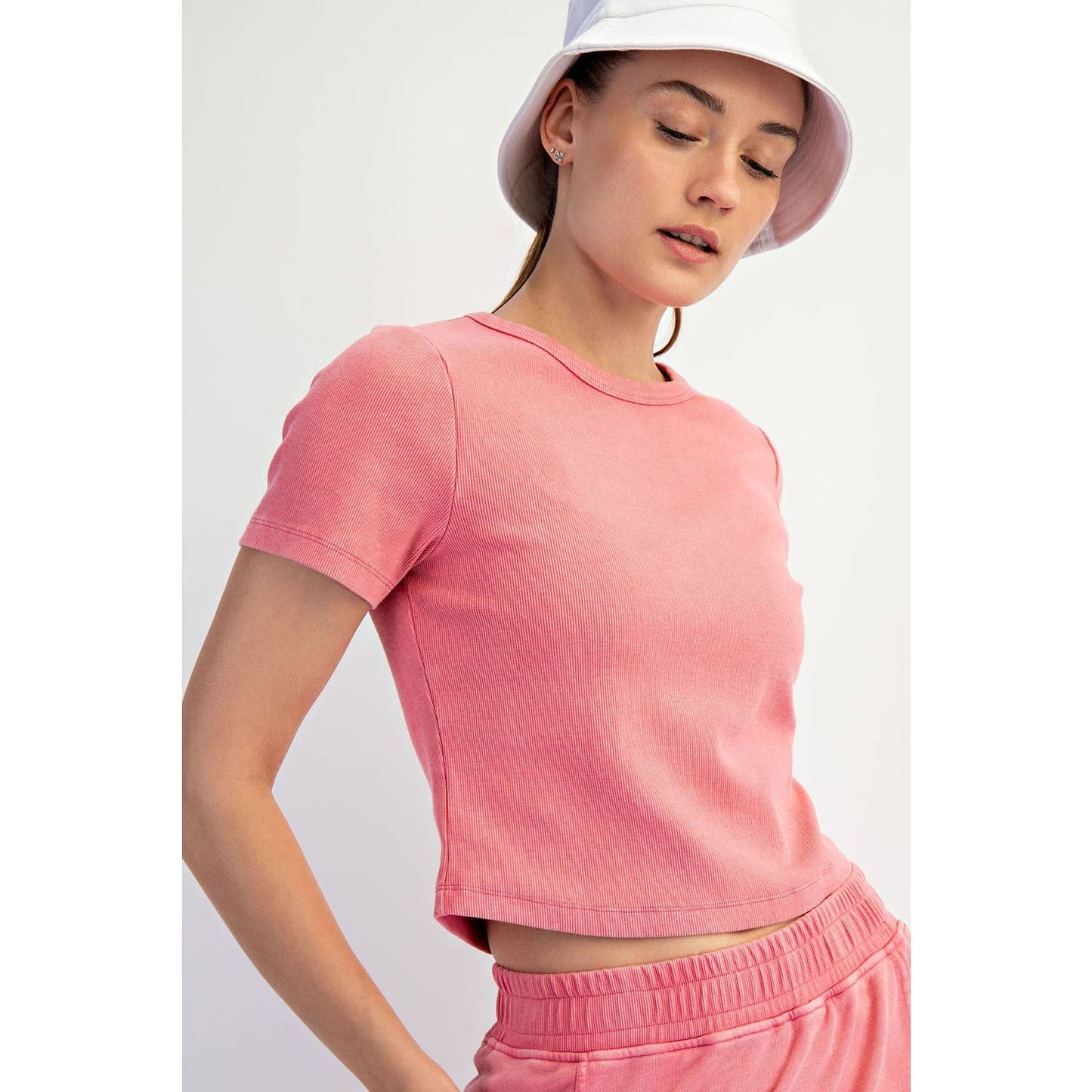 Mineral Wash Ribbed Crop Tee in Pink