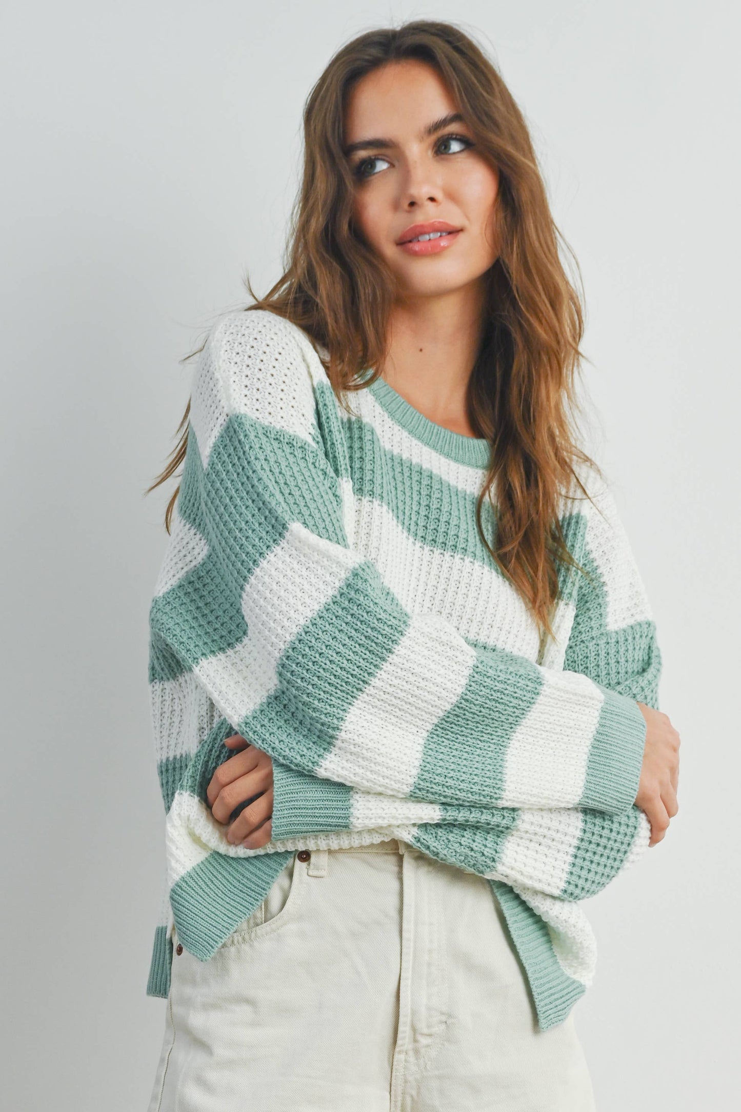 Striped Long Sleeve Sweater in Sage