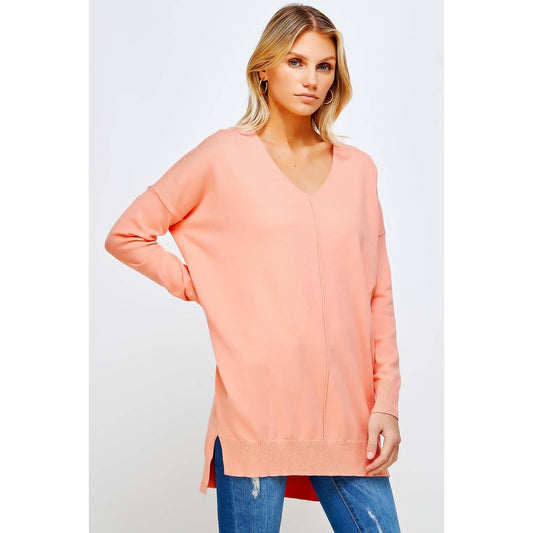 Light V-Neck Pullover in Coral