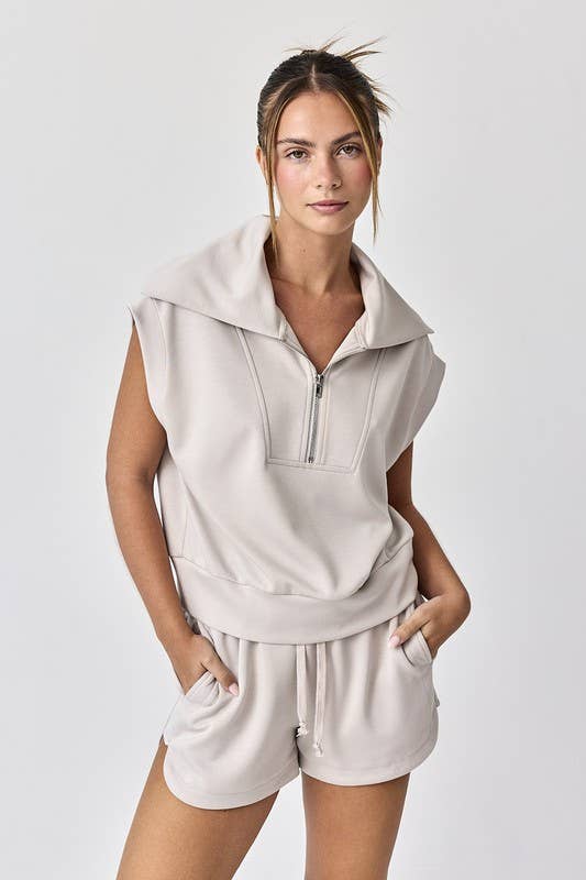 Half Zip Cropped Short Sleeve Sweatshirt and Shorts Set in Stone