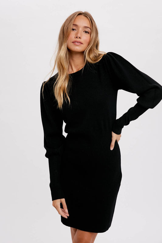 Puff Sleeve Sweater Dress in Black