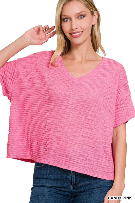 Drop Shoulder Short Sleeve V Neck in Candy Pink