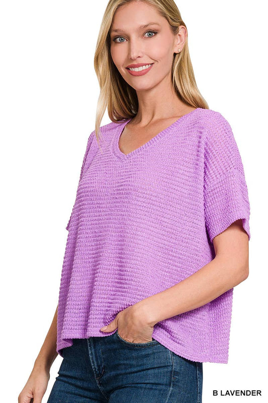 Drop Shoulder Short Sleeve V Neck in Lavender