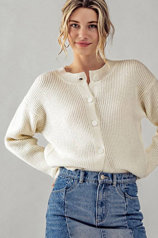 Waffle Knit Cardigan Sweater in Off White